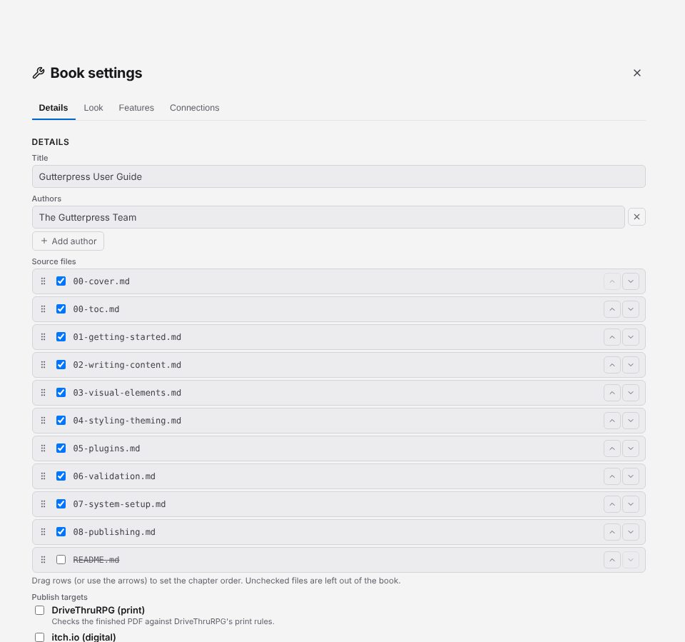 Book settings, Details tab: title, authors, chapter order and publish targets