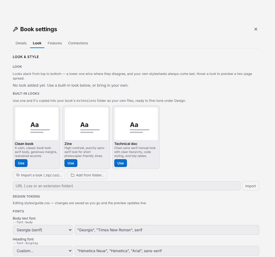 Book settings, Look tab: built-in looks and design tokens