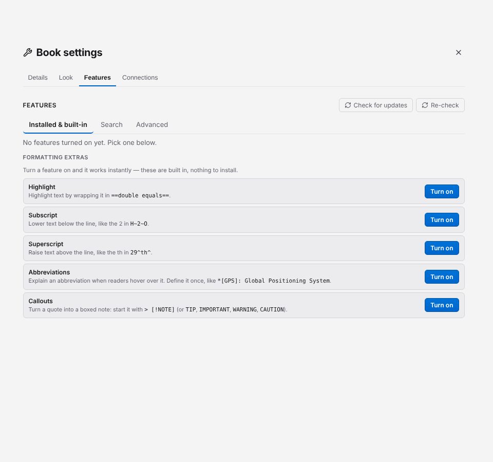 Features, Installed & built-in: the formatting extras, each with Turn on