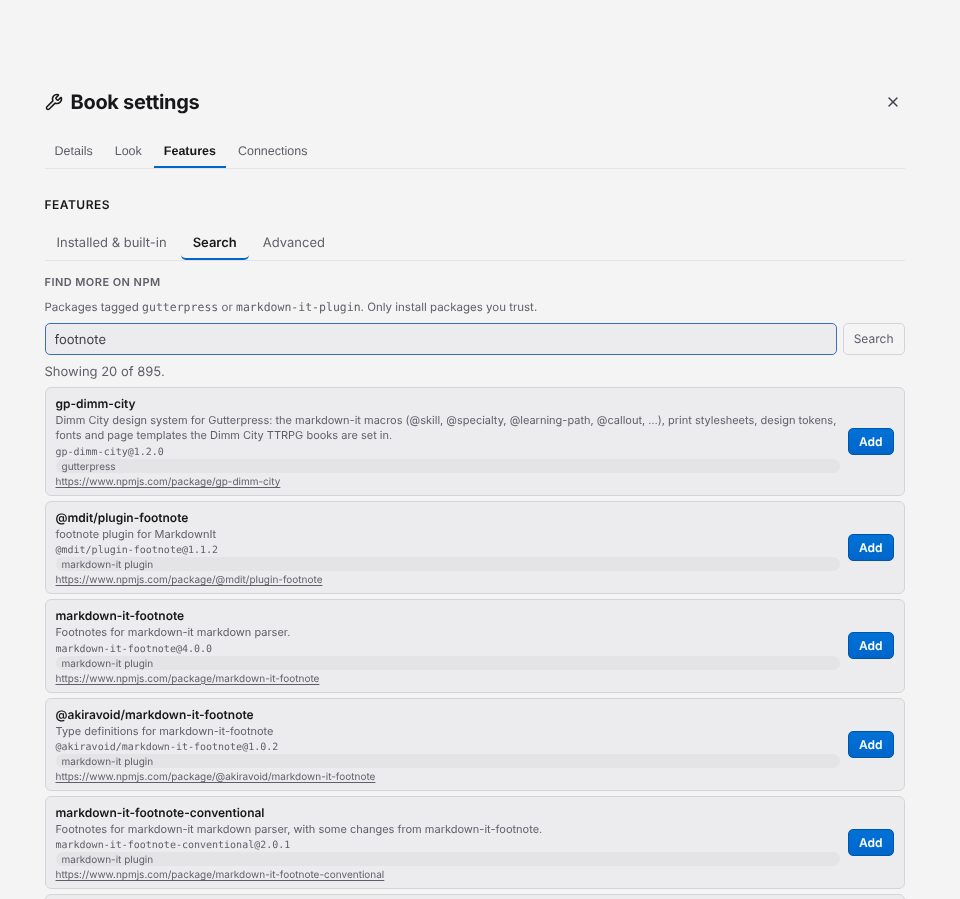Features, Search: results from npm for "footnote", each with Add
