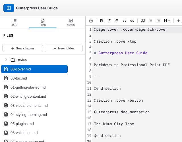 The Files tab, with New chapter and New folder