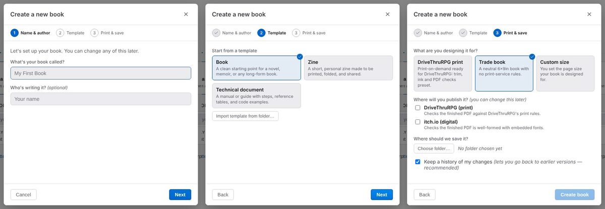 The three steps of Create a new book: Name & author, Template, and Print & save