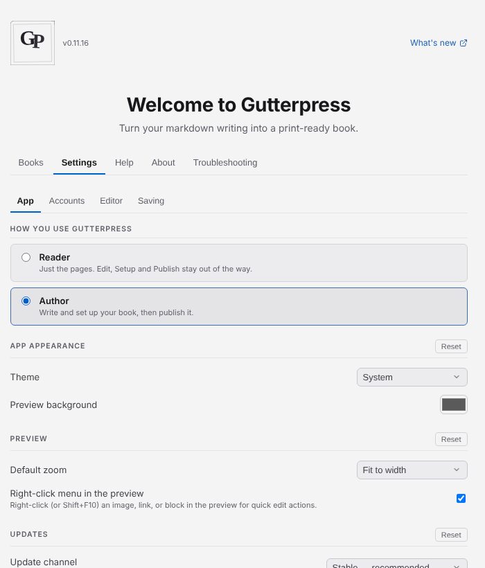Settings, App tab: How you use Gutterpress, with Author selected