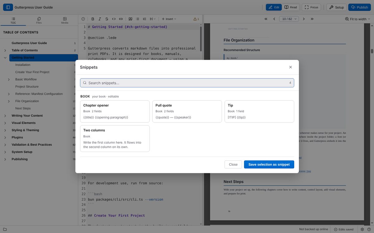 The snippet picker, with the book's own snippets