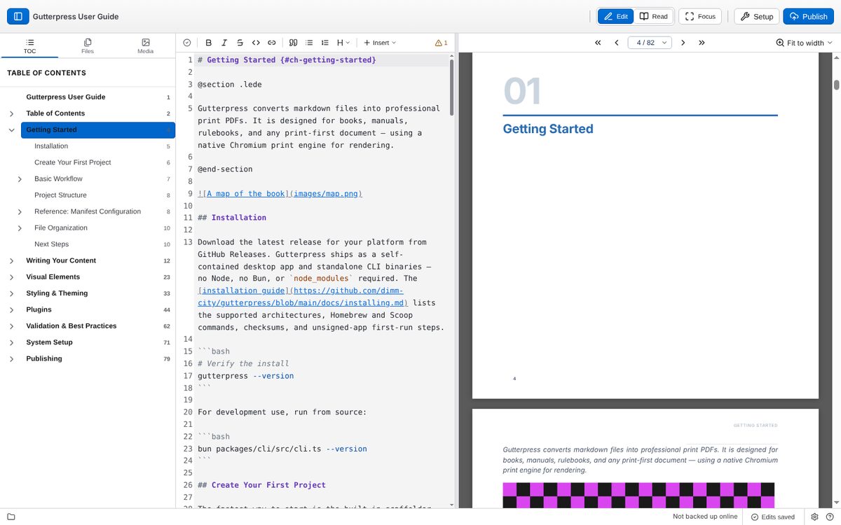 Edit mode: the table of contents, the editor and the live preview side by side