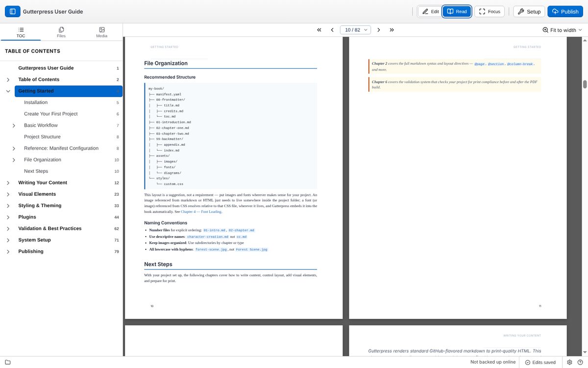 Read mode: the preview on its own, two pages at a time